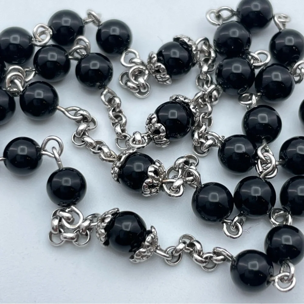 Victorian Gothic Revival 925 Silver Cross Necklace – Black Onyx Beaded Chain